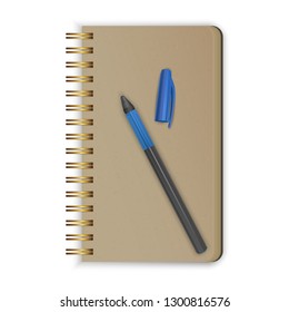 Realistic spiral notepad. Blank mockup for design. Realistic sketchbook with a pen. Vector EPS 10 illustration