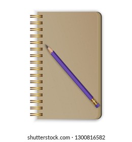 Realistic spiral notepad. Blank mockup for design. Realistic sketchbook with a simple pencil. Vector EPS 10 illustration
