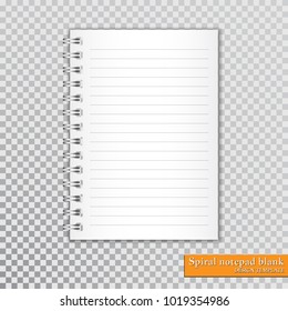 Realistic spiral notepad blank on transparent background. Vector.