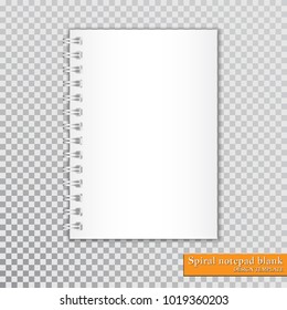 Realistic spiral notepad blank on transparent background. Vector.