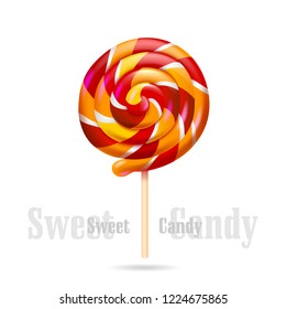 Realistic spiral striped colorful lollipop on plastic stick isolated on white sweet candy. Vector illustration
