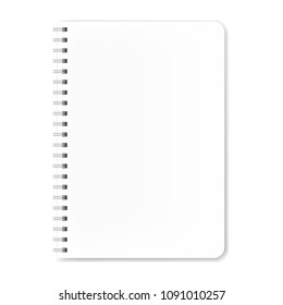 Realistic spiral white notebook with rounded corners mock up, copybook blank cover. Clear notebook front page or clean page with shadow mockup for business concept, presentation design