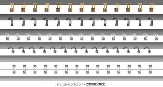 Realistische Spiraldraht-Buchbinder für Kalendermodelle. Metall- und Plastikring auf Tagebuchvorlage. Einzeln schwarze Albumbindungskollektion für Schreibwaren auf transparentem Hintergrund.