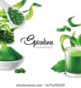 Espirulina realista con fondo de marco con texto ornamentable editable rodeado de imágenes de plantas de agua y productos alimenticios ilustración vectorial