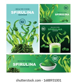 Realistic spirulina set of four banners with colourful images of water plants ready products and text vector illustration 