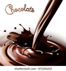 Realistic splash flowing chocolate or cocoa on a white background. Isolated vector design elements