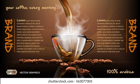 Realistic splash flowing coffee Mockup template for branding, advertise and product designs. Fresh steaming drink in a glass cup and Roasted beans