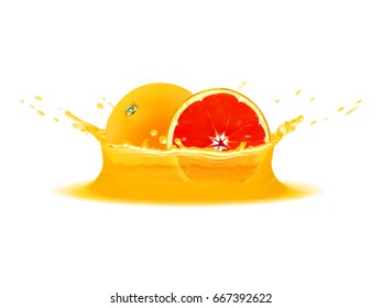 Realistic splash of juice with grapefruit and slice. Vector icon. Template for your design