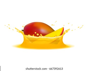 Realistic splash of juice with mango and slice. Vector icon. Template for your design