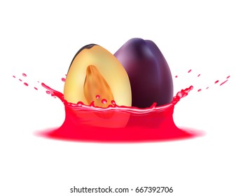 Realistic splash of juice with plum and slice. Vector icon. Template for your design