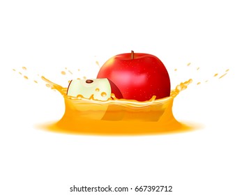 Realistic splash of juice with red apple and slice. Vector icon. Template for your design