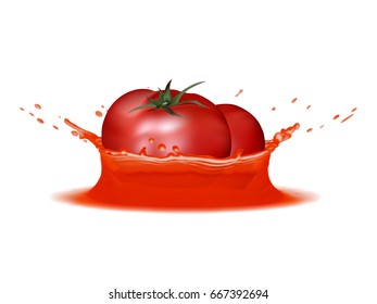 Realistic splash of juice with tomatoes. Vector icon. Template for your design