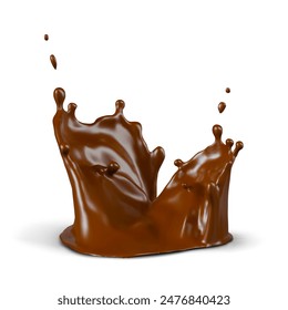 Salpicadura realista de chocolate derretido. Líquido en forma de corona, salpicaduras y caídas hacia arriba
