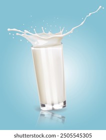 Realistic splash of milk in a glass on a blue background. Vector illustration