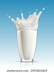 Salpicadura realista de leche en un vaso. Ilustración vectorial
