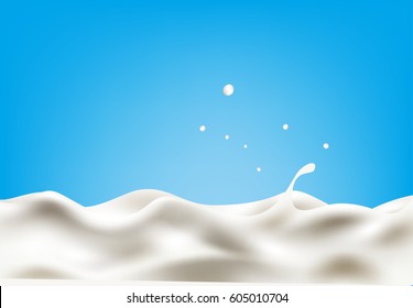 Realistic splash of milk on blue background. Layered vector illustration.