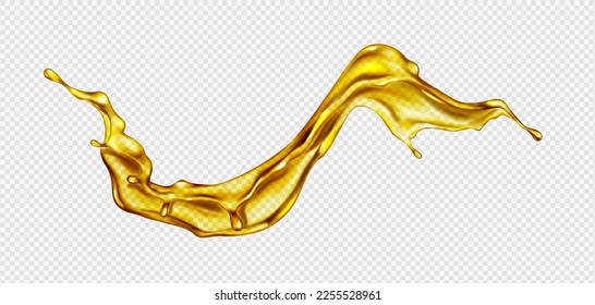 Realistic splash of oil or juice png isolated on transparent background. Vector illustration of abstract yellow liquid substance flow with waves and drops. Food, cosmetics, petrol ads design element