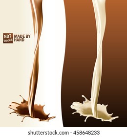 Realistic splash of pouring milk and chocolate. Isolated vector design elements.