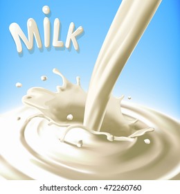 Realistic splash pouring milk on a blue background close-up with text. Vector elements