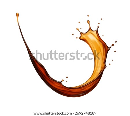 Realistic splash of tea, coffee, Cola or whiskey with drops. Vector illustration