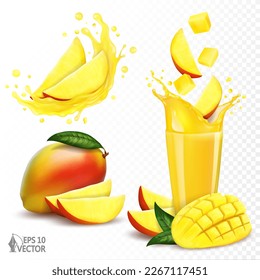 Realistic splash of transparent fruit juice in a glass, mango pieces and slices. Fresh ripe mango set. Natural fruits. 3d realistic vector illustration