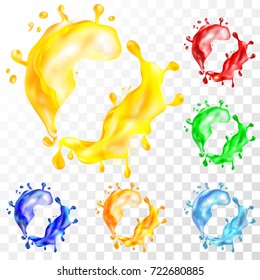 Realistic Splashes of Fruit Juice & Paints Isolated on Transparent Background. 3D Vector Illustration 