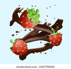 Realistic splashes of melted chocolate, strawberries. Dessert advertising concept