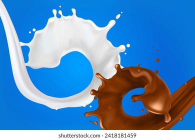realistic splashes of milk and chocolate  3D.Abstract realistic milk drop with splashes isolated on blue background.element for advertising, package design. vector illustration