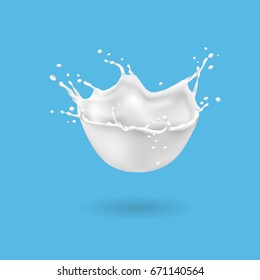 Realistic splashes of milk isolated on blue background. Vector 3d design element