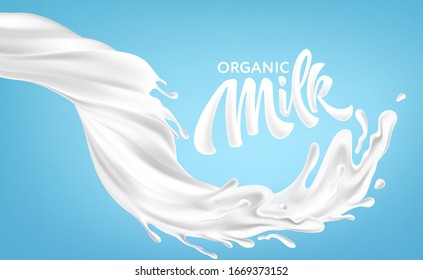 Realistic splashes of milk on a blue background. Organic Milk Handwriting Lettering Calligraphy Lettering. Vector illustration EPS10