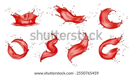Realistic splashes of pomegranate, strawberry or raspberry juice swirls. Vector set of cocktail beverage splashes, stains of fruity juice. Berry juice splashes, fruit and berry compote splash