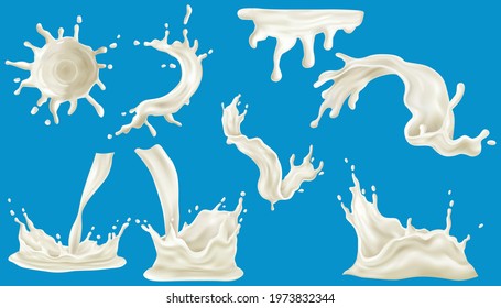 Realistic splashes and pouring milk set Isolated on Blue Background
