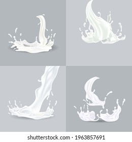 Realistic splashes of white liquid with drops vector illustration isolated on grey background. Falling milk, pouring beverage. Splashes of white cream or yogurt. Waves of flowing drinks, fluids.