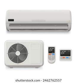 Realistic split system air conditioner. Home cooling equipment, external unit, thermostat and remote control isolated vector illustration set of climate air, cold system control