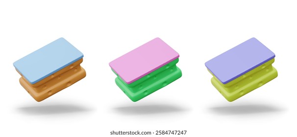 Realistic sponge with two levels of hardness. Element for cleaning in kitchen, bathroom, toilet. Set of vector elements of different colors. Templates for options in web design