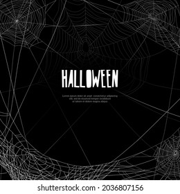 Realistic spooky halloween frame with spider cobweb hanging on black background vector illustration