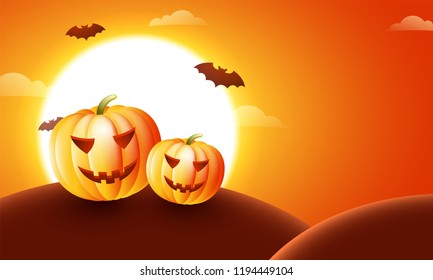 Realistic, spooky pumpkins and flying bats on shiny full moon background for Happy Halloween celebration.