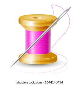 Realistic spool of thread with a needle on an isolated white background