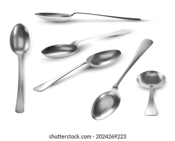 Realistische Löffelsicht. 3D-Tischgerät aus Metall. Stahlteaspoon oben, Winkel und Seitenansicht. Silberlöffel für Kaffee, Tee oder Nachtisch, Vektorset. Illustration von Löffelmetall, Flachwaren realistisch