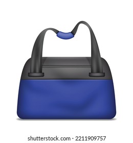 Realistic sport bag blue for men. Handbag with handles for sportswear and equipment comfortable carrying isolated. Fashion accessory for workout, training, fitness. Vector illustration