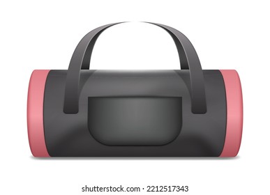 Realistic sport bag with handle for carrying equipments and accessories for gym training, fitness or competition. Pink women athlete handbag icon. Vector illustration