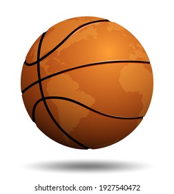 Realistic Sport Ball For Basketball With Continents Of Planet On White Background. Team Sports. Isolated Vector