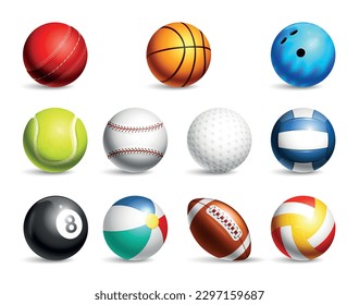 Balones de juego de ícono deportivo realista para el fútbol de béisbol de rugby billar y otros juegos ilustración vectorial