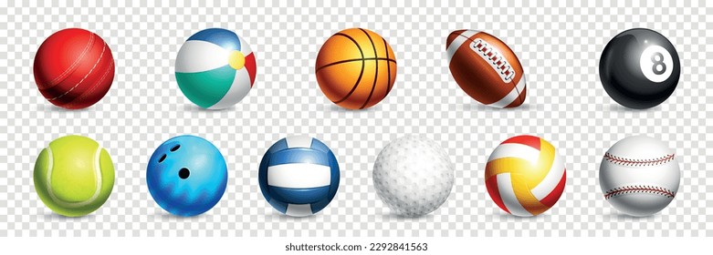 Baloncesto deportivo realista icono transparente juego de baloncesto fútbol playa rugby tenis bolera de billar bolas de vectores ilustración