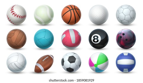 Realistic sport balls. 3D equipment for football, soccer, baseball, golf and tennis. Vector set illustration of balls for professional sport activities and games isolated on white background
