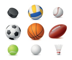 Realistic Sport Balls. Detailed 3d Leather Balls, Hockey Puck, Shuttlecock For Badminton, Soccer, Rugby And Basketball, Tennis And Golf, Volleyball And Football Games Utter Vector Set