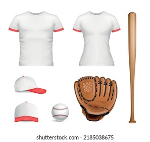 Realistic sport baseball mockup icon set womens and mens t shirt baseball glove baseball and bat vector illustration