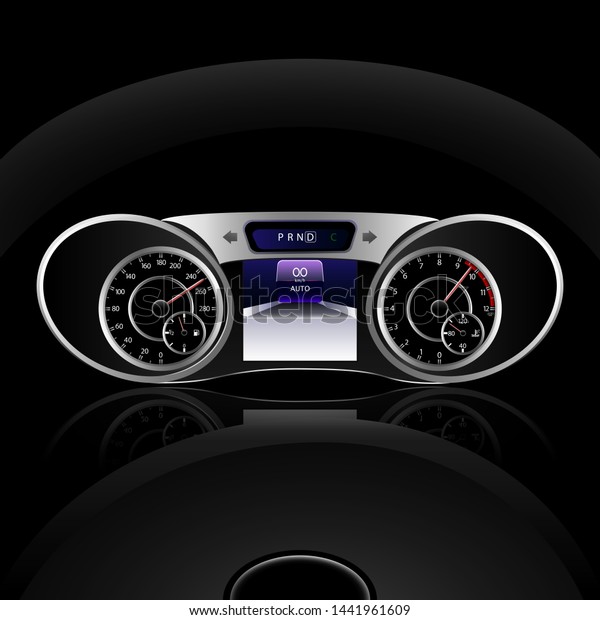 Realistic sport car vector speedometer.\
Dashboard lights. Speed concept. Speedometer vector illustration.\
Vector techo\
background.
