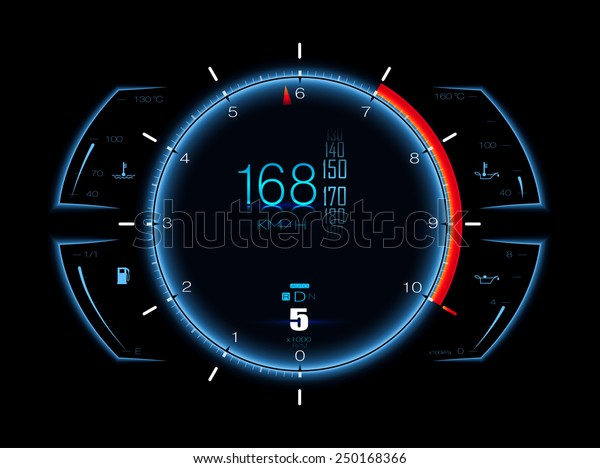 Realistic sport car vector speedometer. Dashboard
lights. Speed concept. Speedometer vector illustration. Car HUD.
Speedometer realistic HUD. Vector speedometer. Sports car
speedometer. Speed
concept