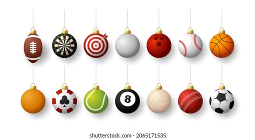 Realistic Sport Christmas balls set. Christmas set with sport baseball, basketball, football, tennis, cricket, soccer, volleyball, bowling, billiard balls hang on a thread. Vector illustration.